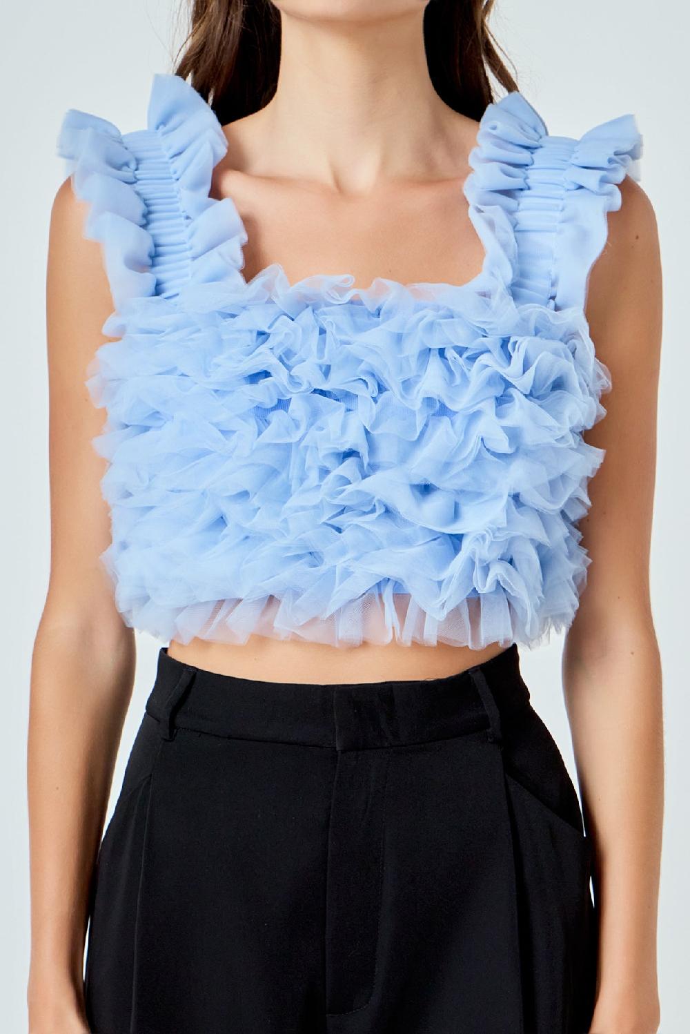 Endless Rose Ruffled Shoulder Strap Tulle Top POWDER BLUE