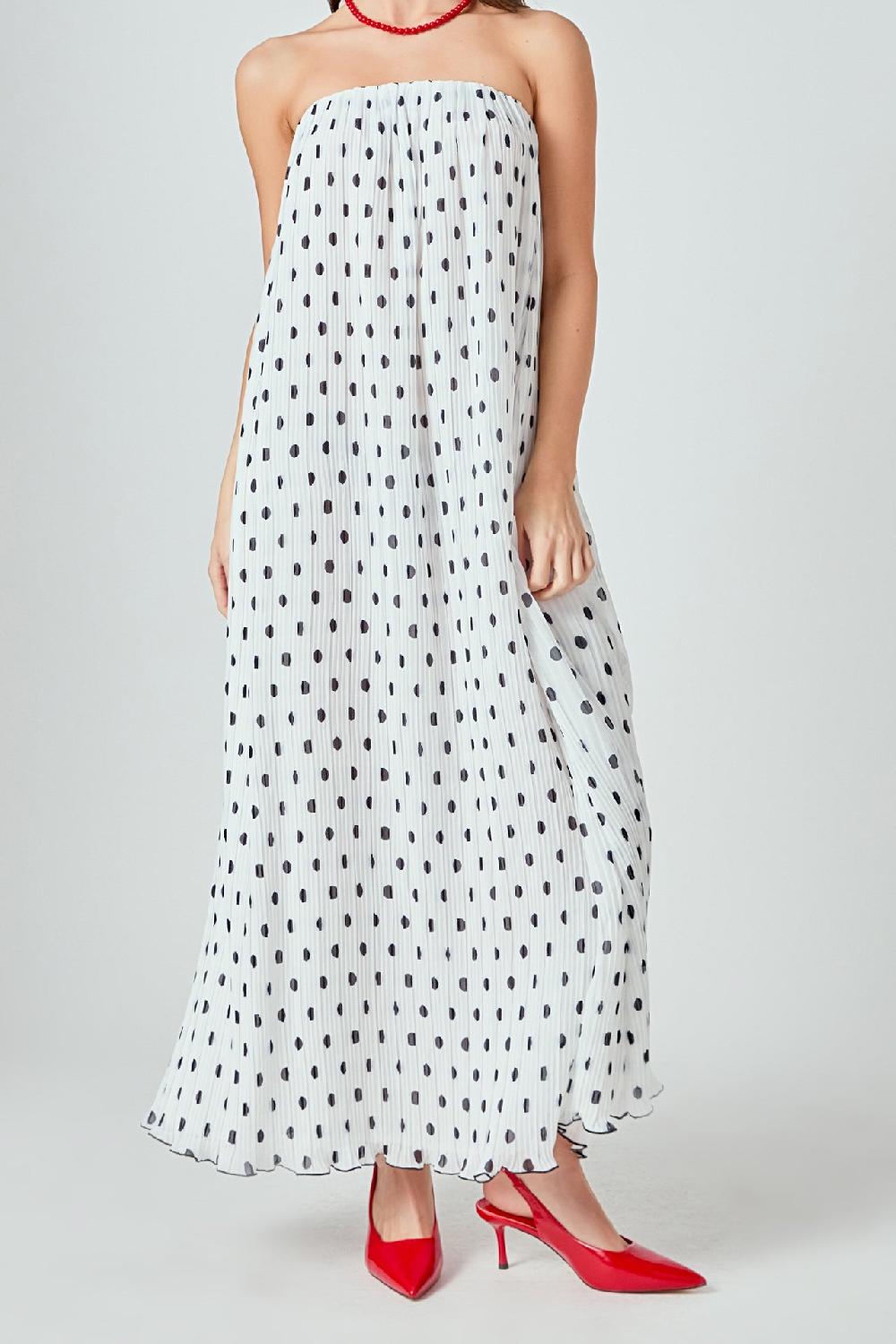 Endless Rose Samantha Strapless Pleated Polka Dot Maxi Dress WHITE/BLACK