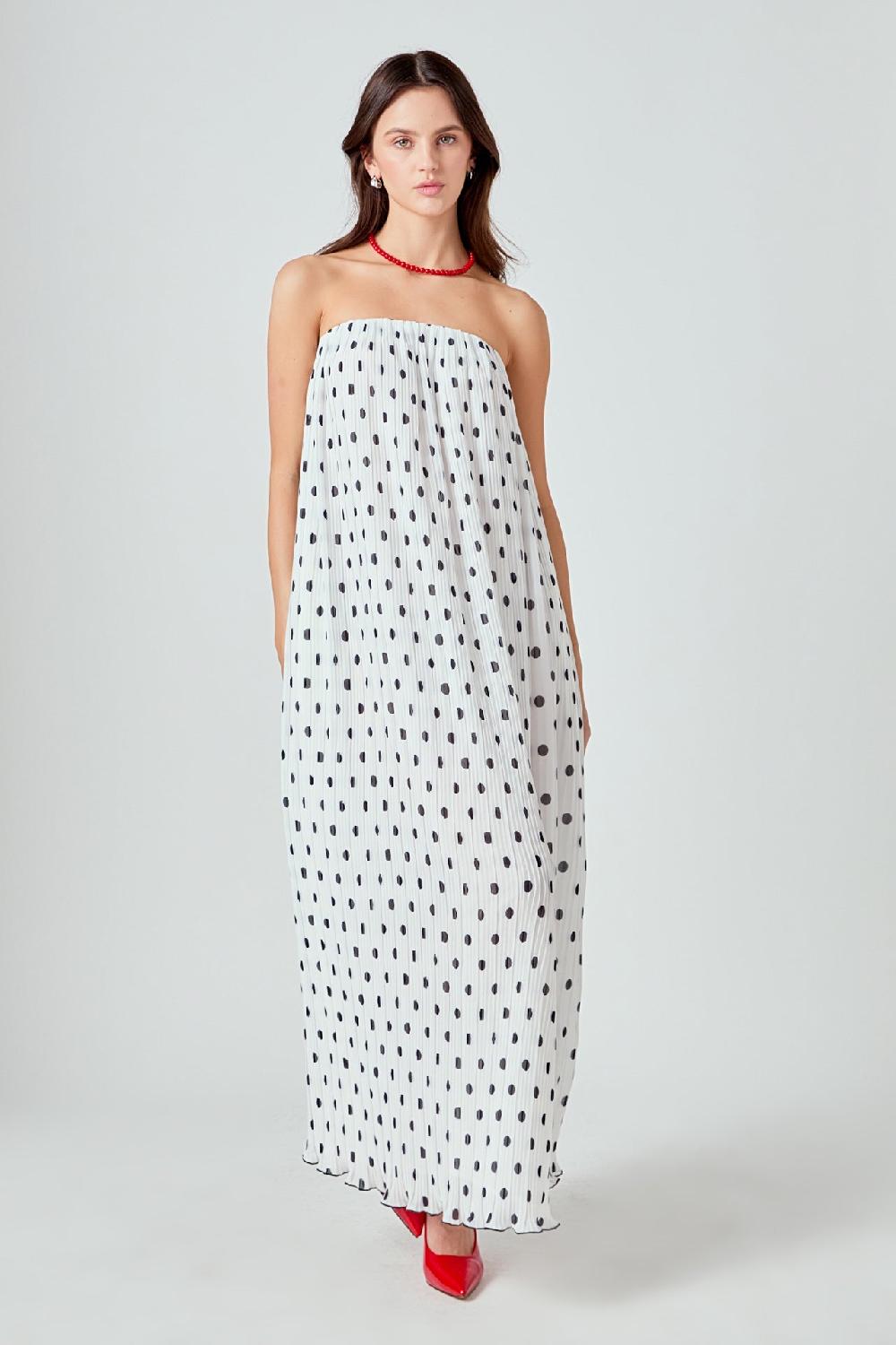Endless Rose Samantha Strapless Pleated Polka Dot Maxi Dress WHITE/BLACK