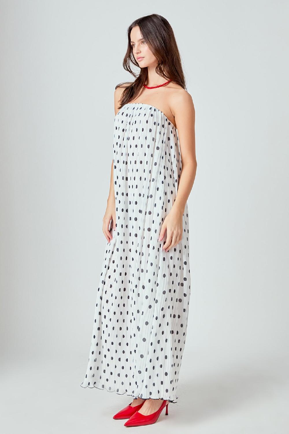 Endless Rose Samantha Strapless Pleated Polka Dot Maxi Dress WHITE/BLACK