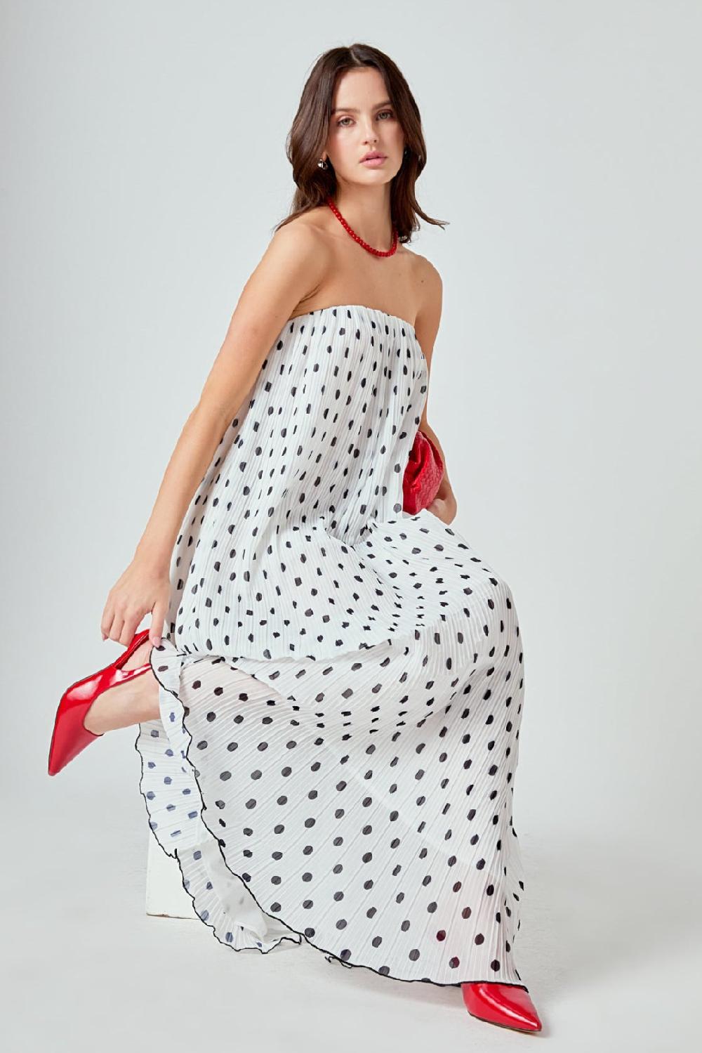endless rose Samantha Strapless Pleated Polka Dot Maxi Dress WHITE/BLACK