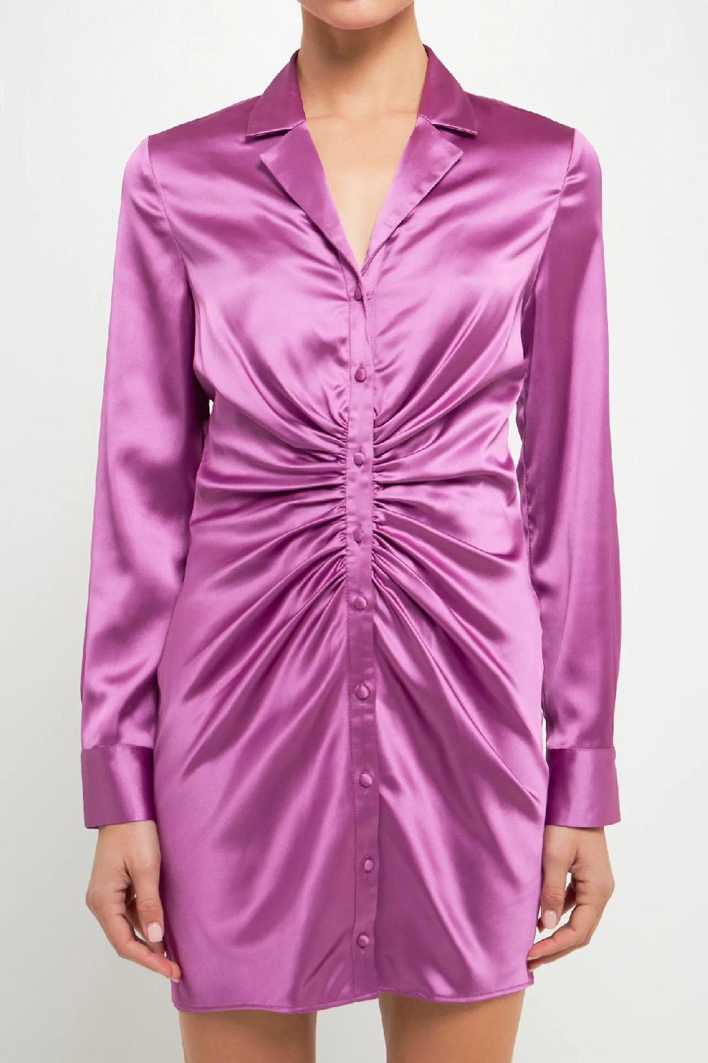 Endless Rose Satin Ruched Long-Sleeve Mini Dress GRAPE
