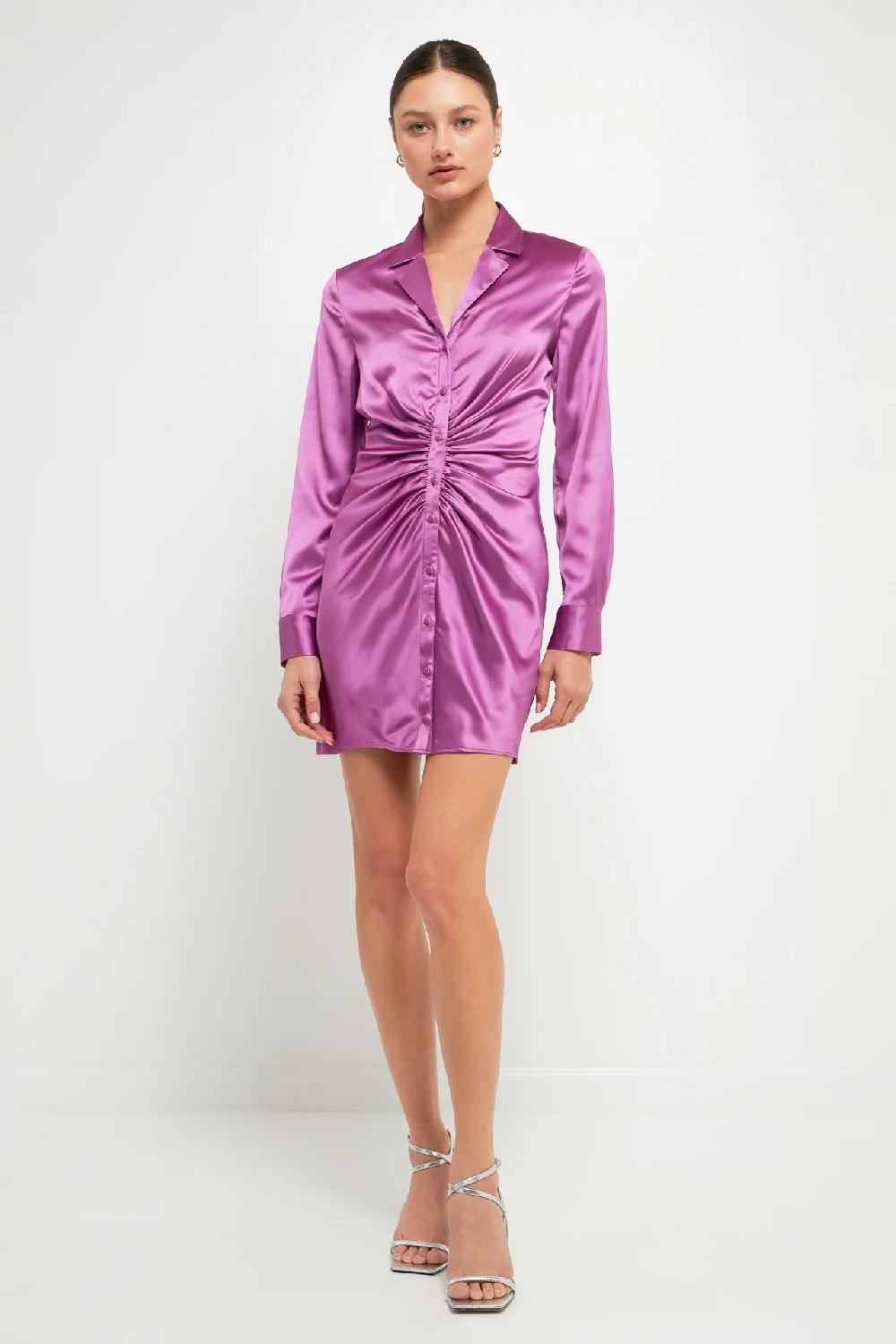 endless rose Satin Ruched Long-Sleeve Mini Dress GRAPE
