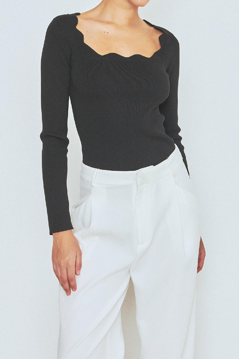 Endless Rose Scallop Detail Long Sleeve Sweater BLACK