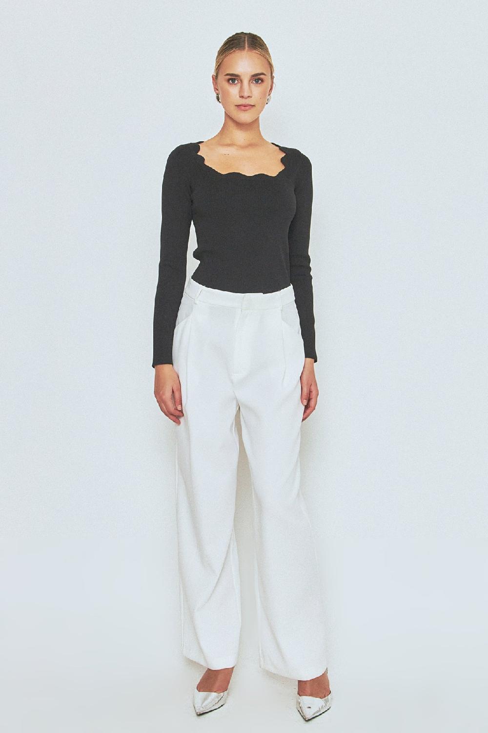 endless rose Scallop Detail Long Sleeve Sweater BLACK