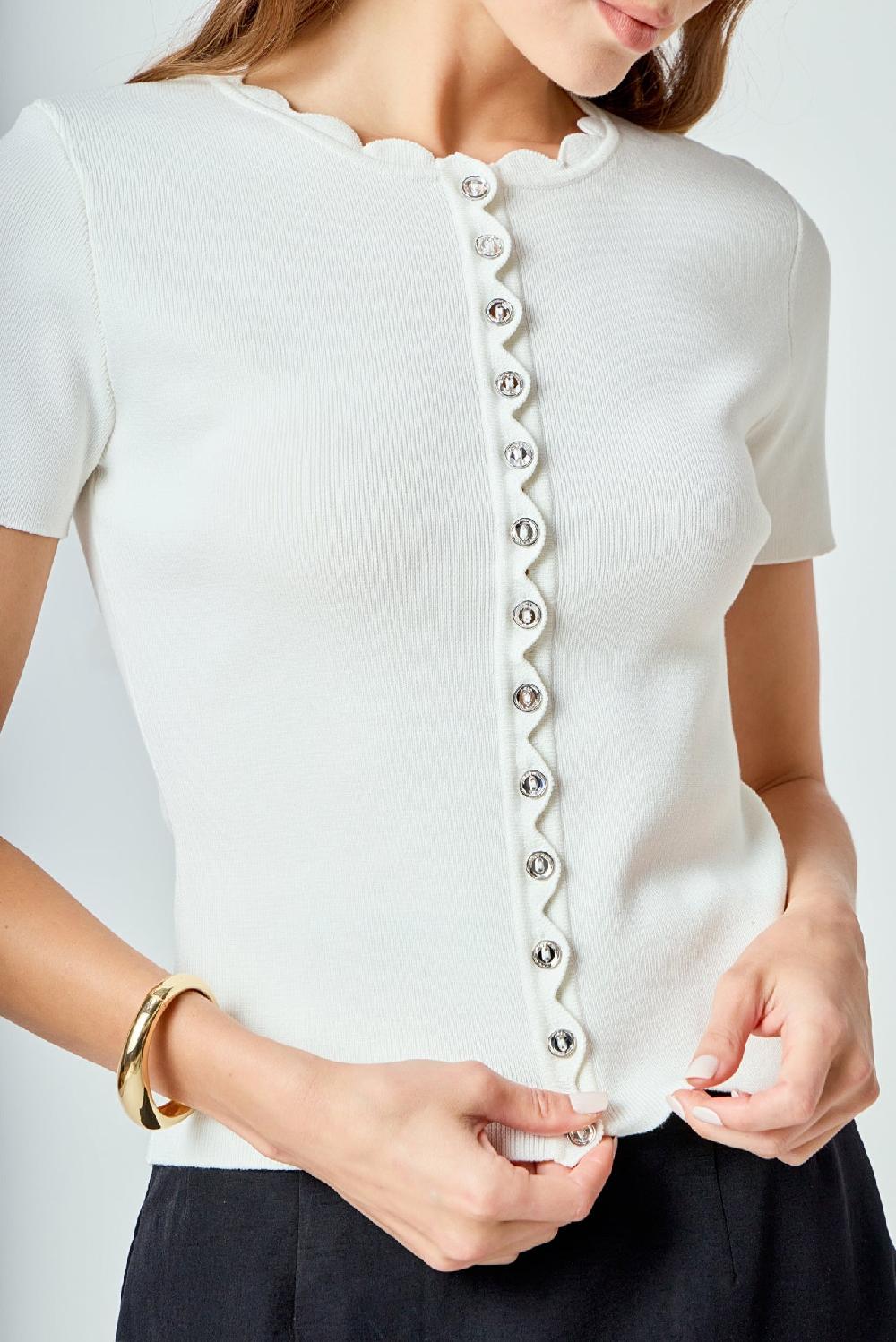 Endless Rose Scalloped Accent Button Knit Top IVORY