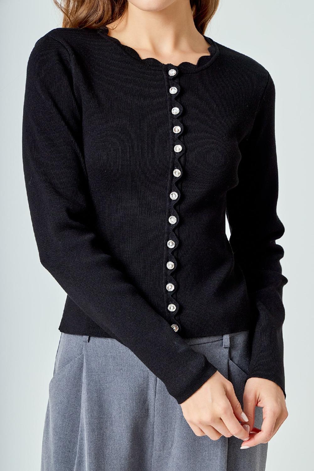 Endless Rose Scalloped Accent Split Long Cardigan BLACK