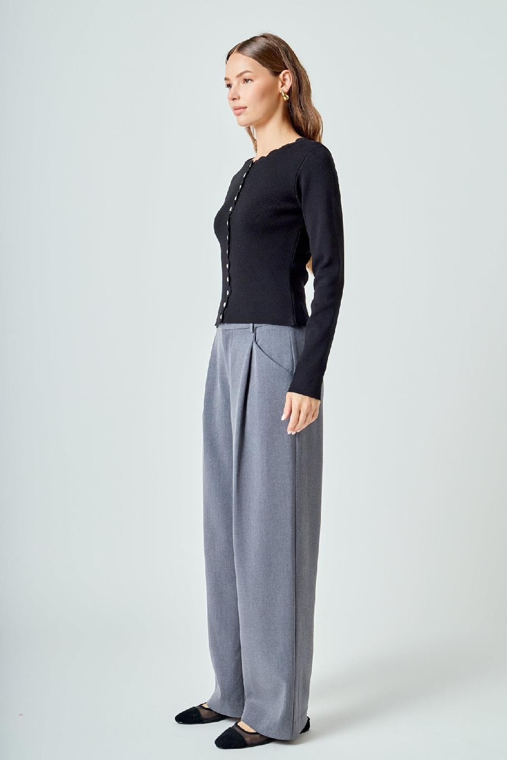 Endless Rose Scalloped Accent Split Long Cardigan BLACK