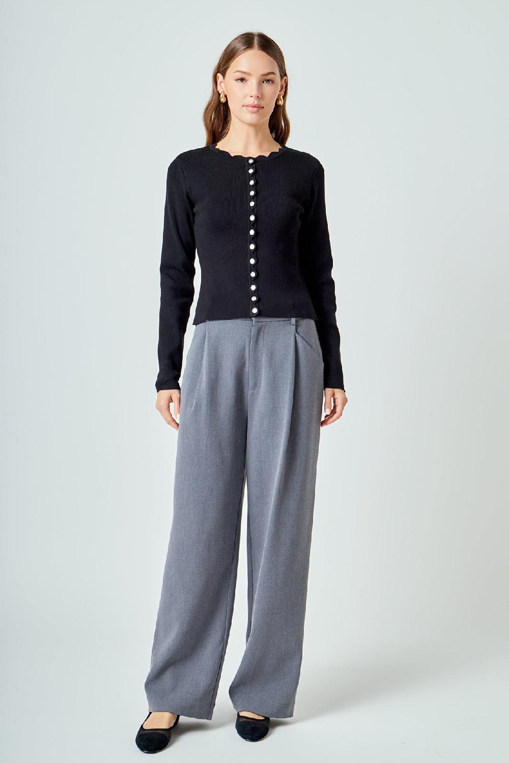 Endless Rose Scalloped Accent Split Long Cardigan BLACK