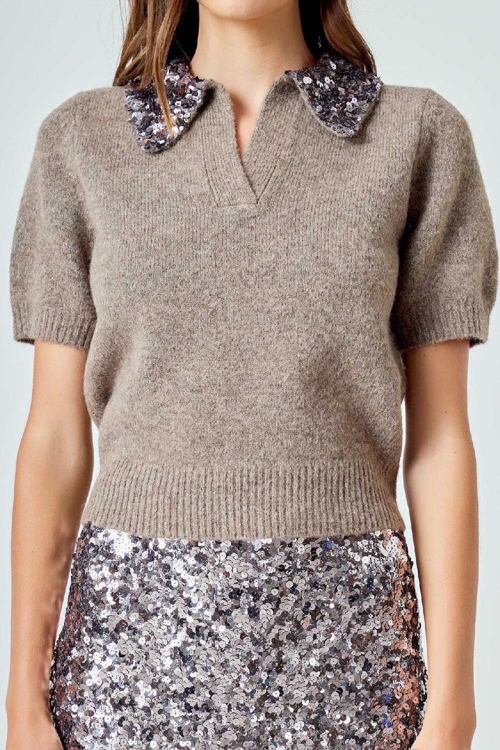 Endless Rose Sequin Accent Collar Knit Sweater Top METAL