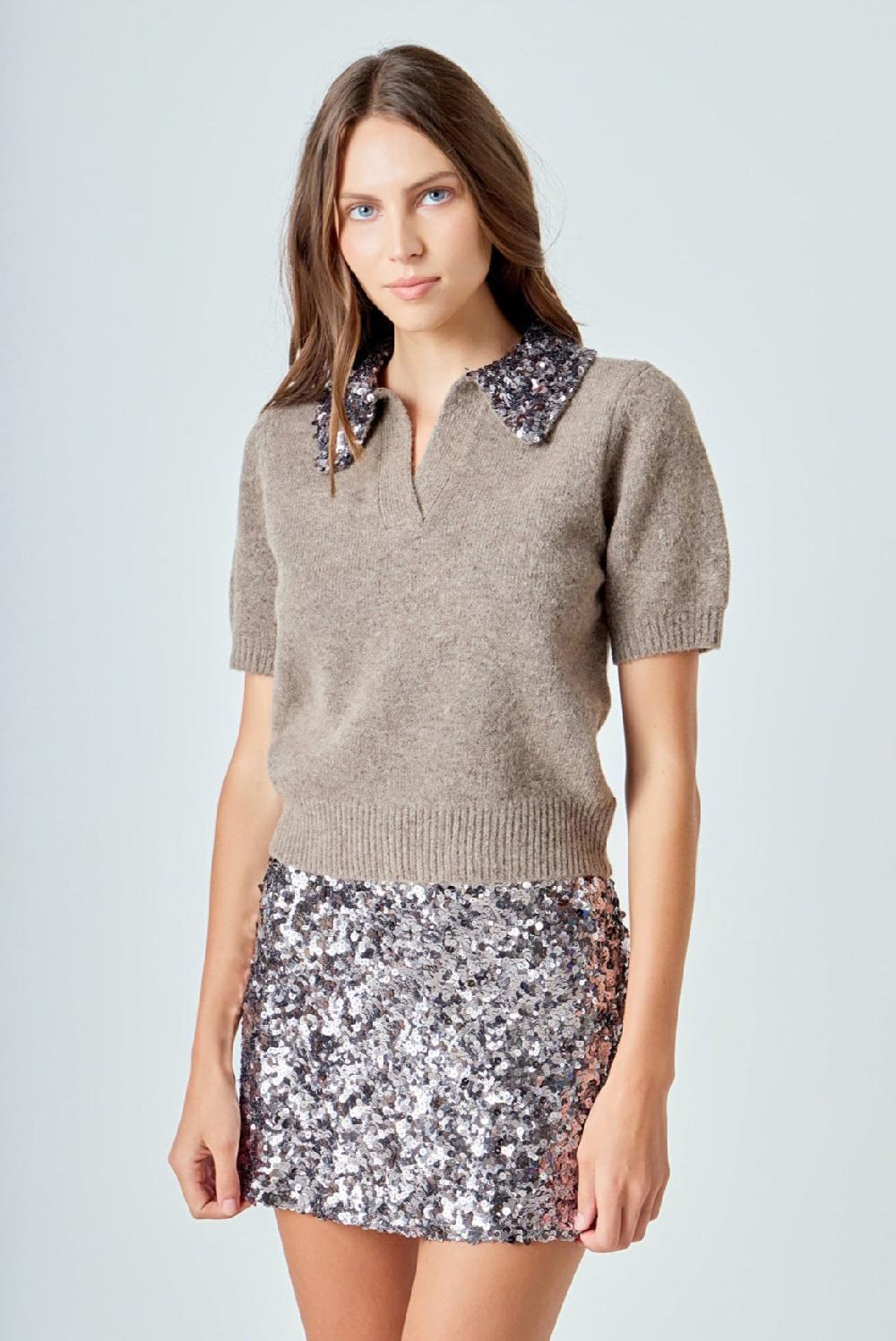 endless rose Sequin Accent Collar Knit Sweater Top METAL