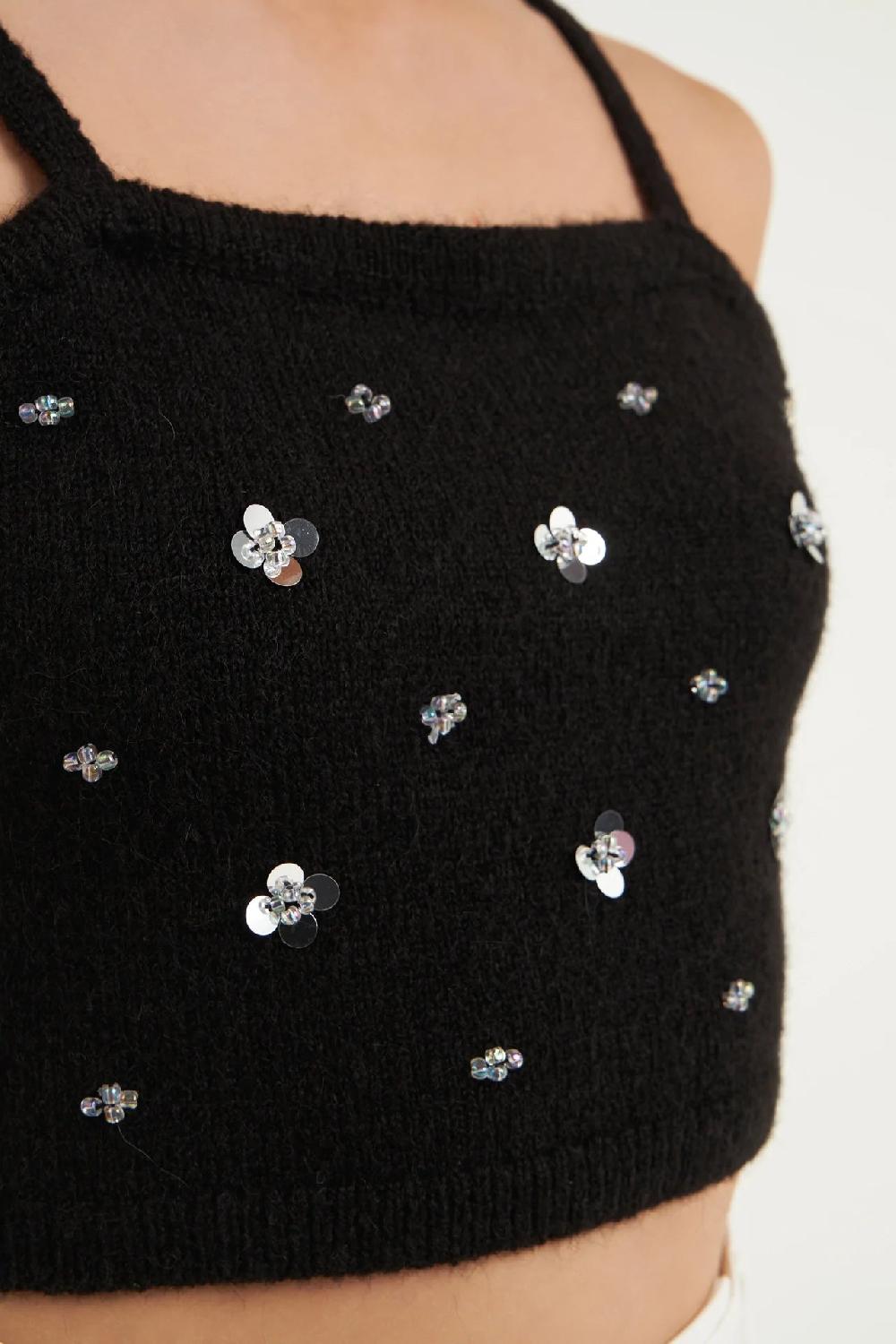Endless Rose Sequin Embellished Knit Crop Top BLACK