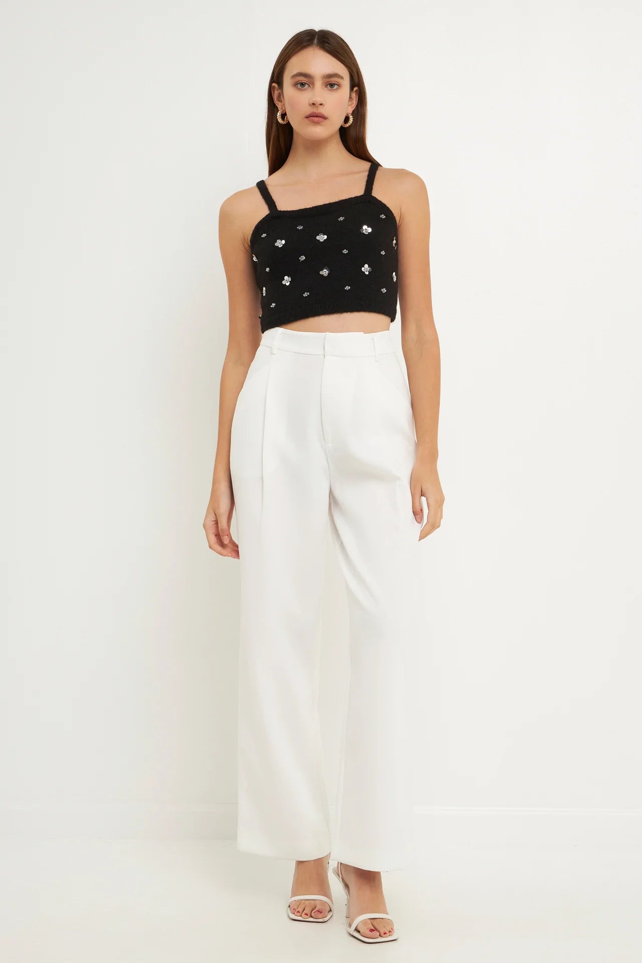 endless rose Sequin Embellished Knit Crop Top BLACK