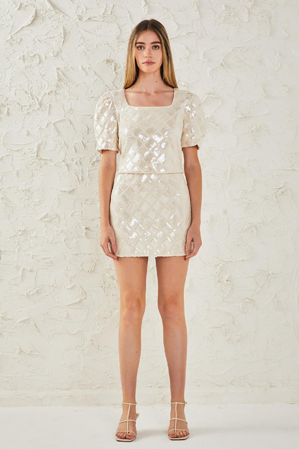 endless rose Sequin Patchwork Crochet Pencil Skirt IVORY