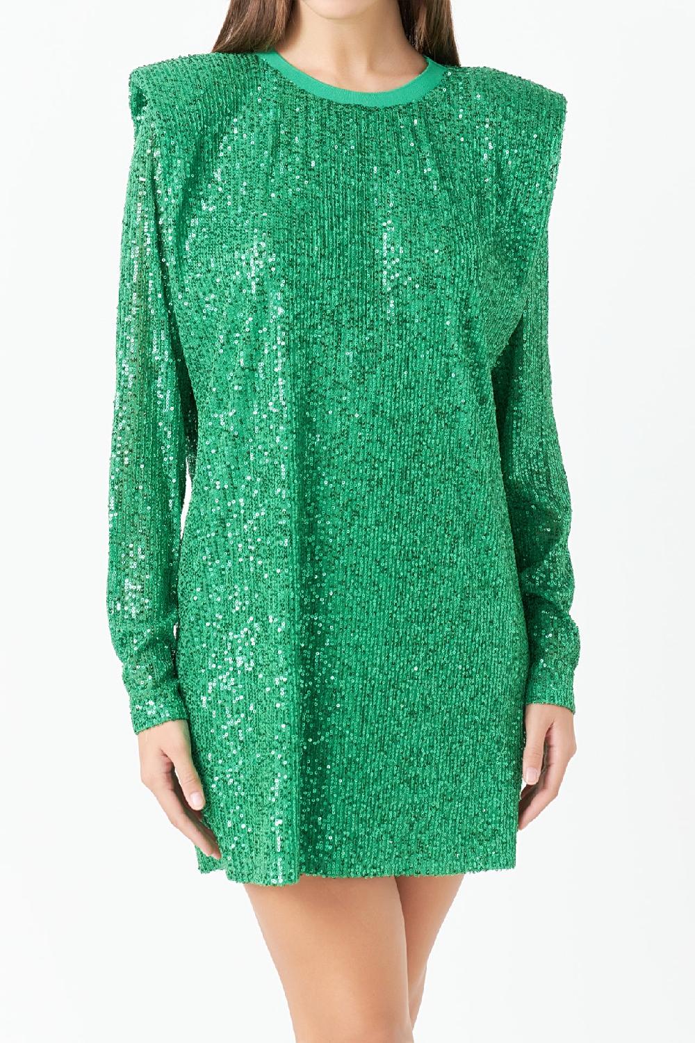 Endless Rose Sequins Long Sleeve Shift Mini Dress GREEN