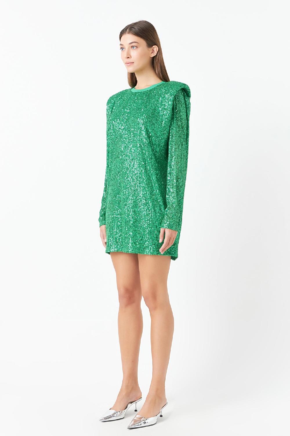 Endless Rose Sequins Long Sleeve Shift Mini Dress GREEN