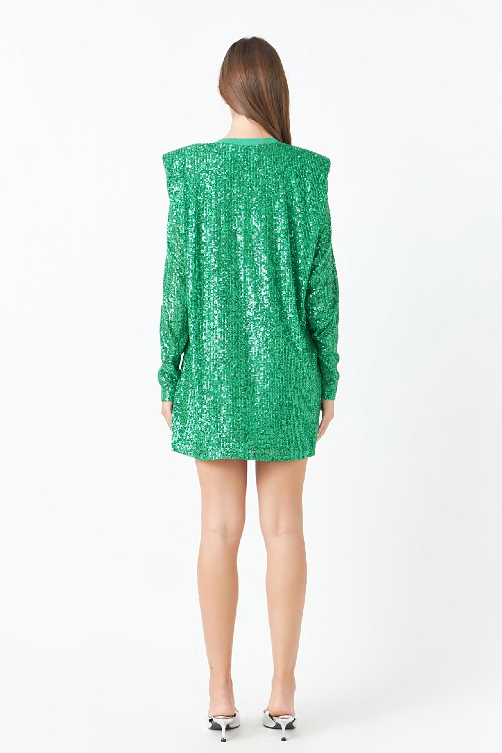 Endless Rose Sequins Long Sleeve Shift Mini Dress GREEN