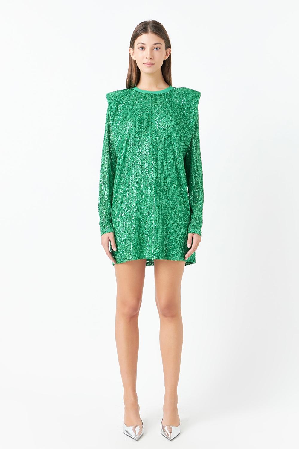 endless rose Sequins Long Sleeve Shift Mini Dress GREEN