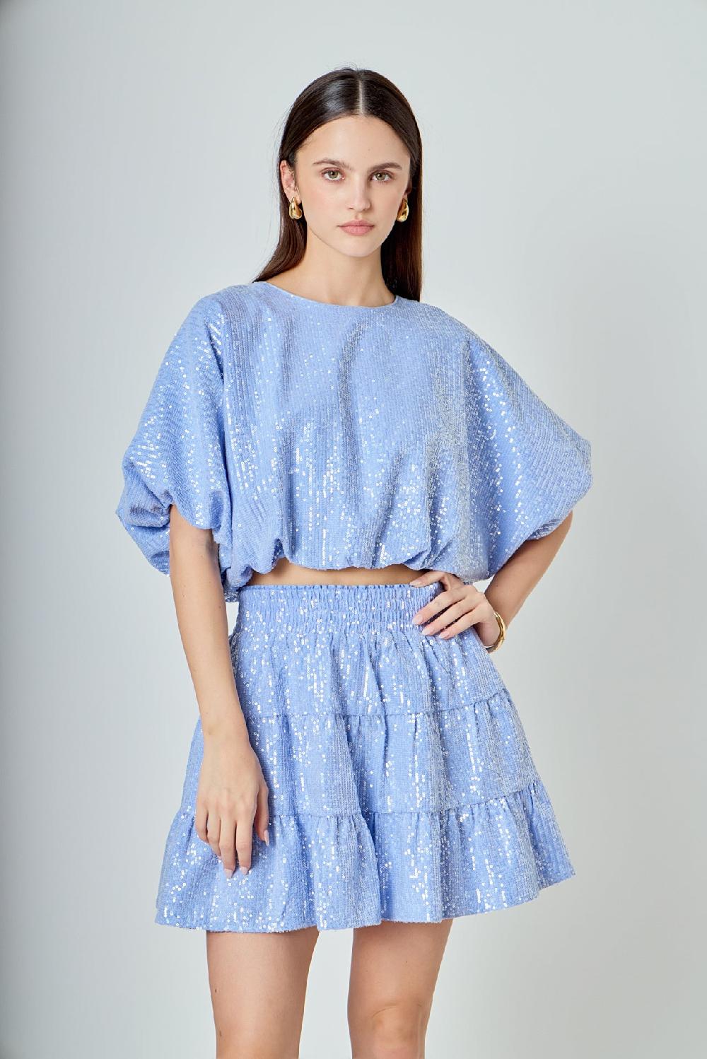 endless rose Sequins Voluminious Crop Top POWDER BLUE