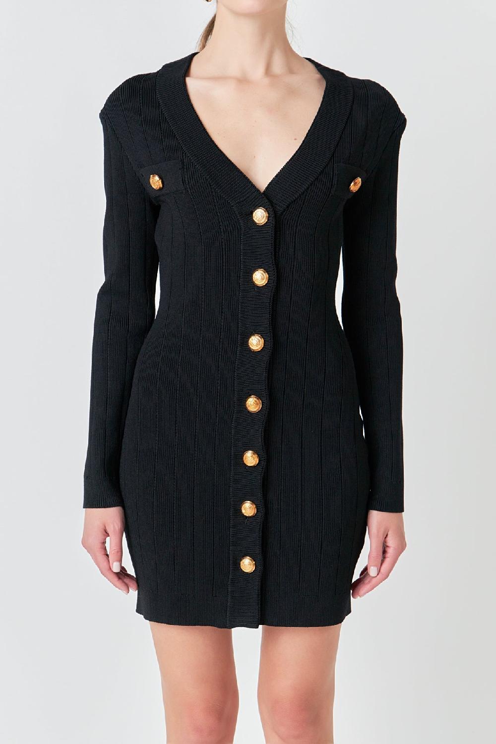 Endless Rose Shank Button V-Neckline Knit Mini Dress BLACK