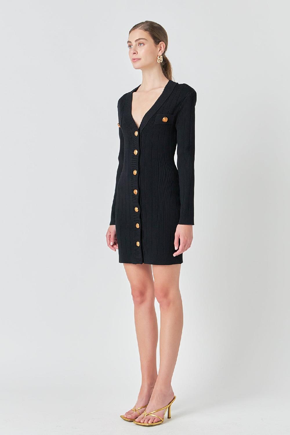 Endless Rose Shank Button V-Neckline Knit Mini Dress BLACK