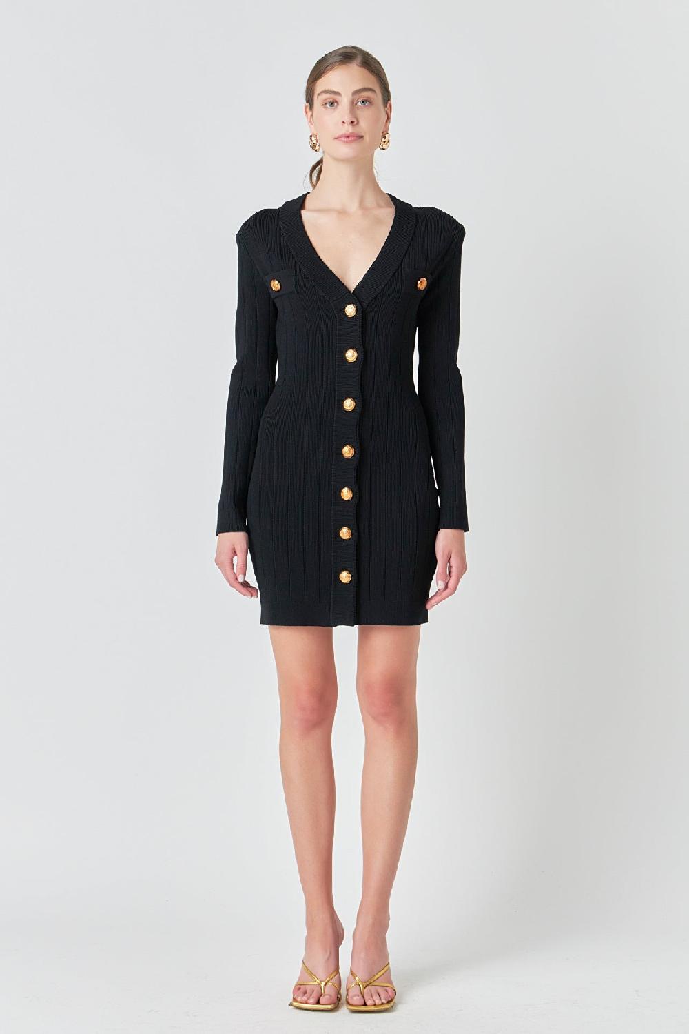 endless rose Shank Button V-Neckline Knit Mini Dress BLACK