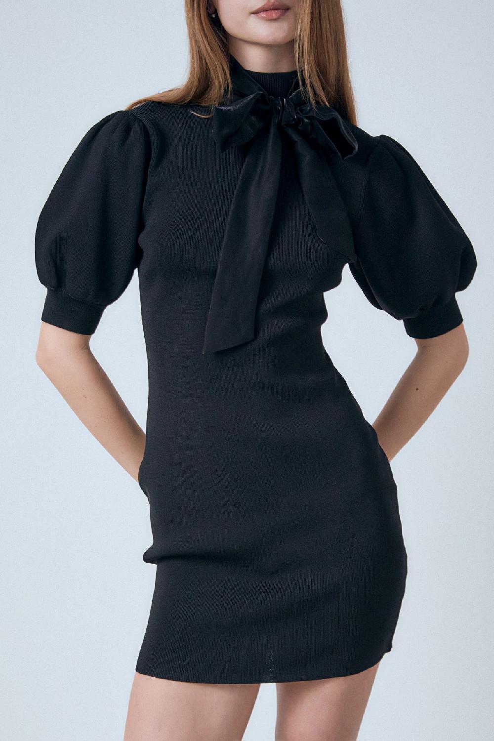 Endless Rose Sheen Bow Tie Knit Mini Dress JET BLACK