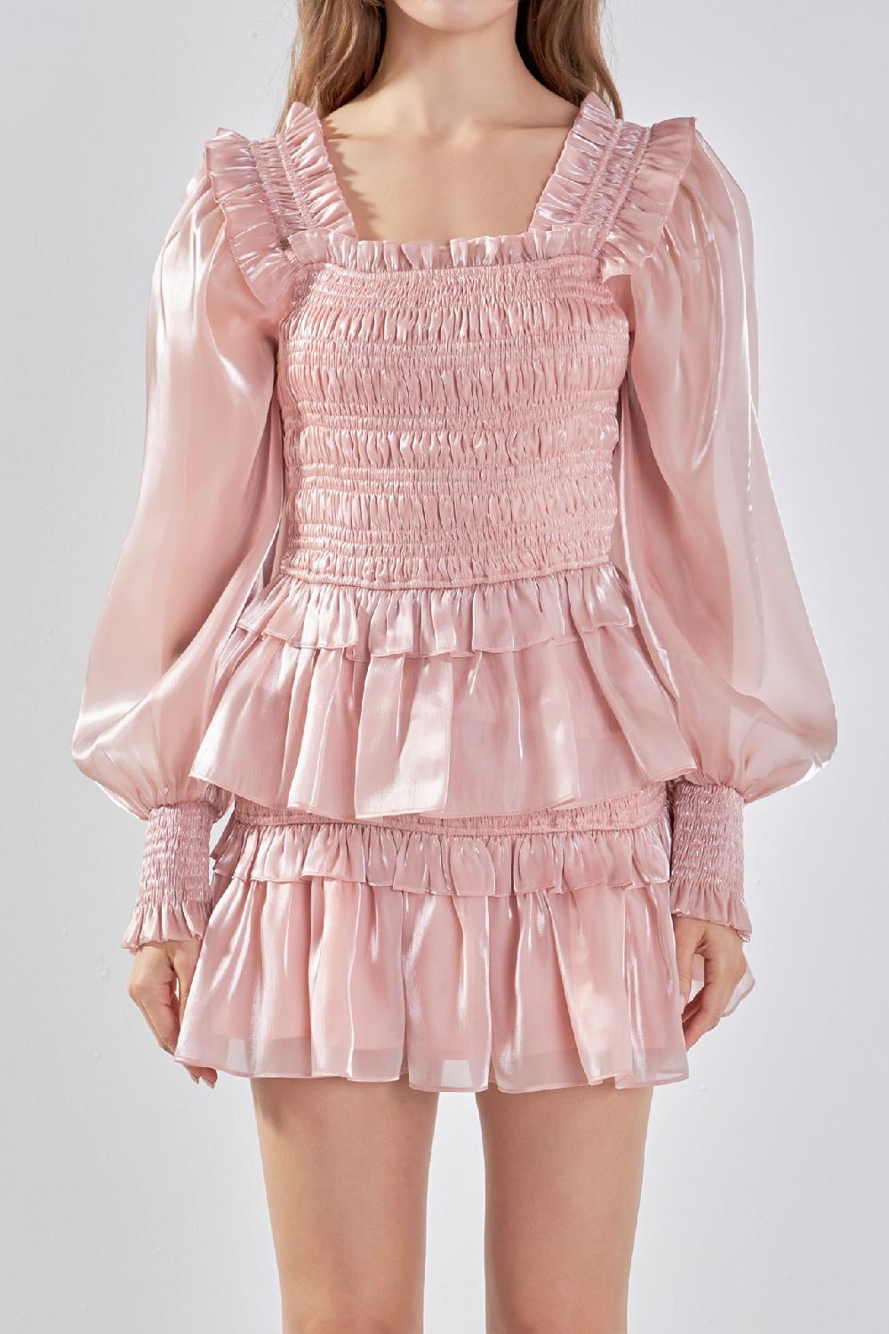 Endless Rose Sheen Smocked Long Sleeve Mini Dress ROSE