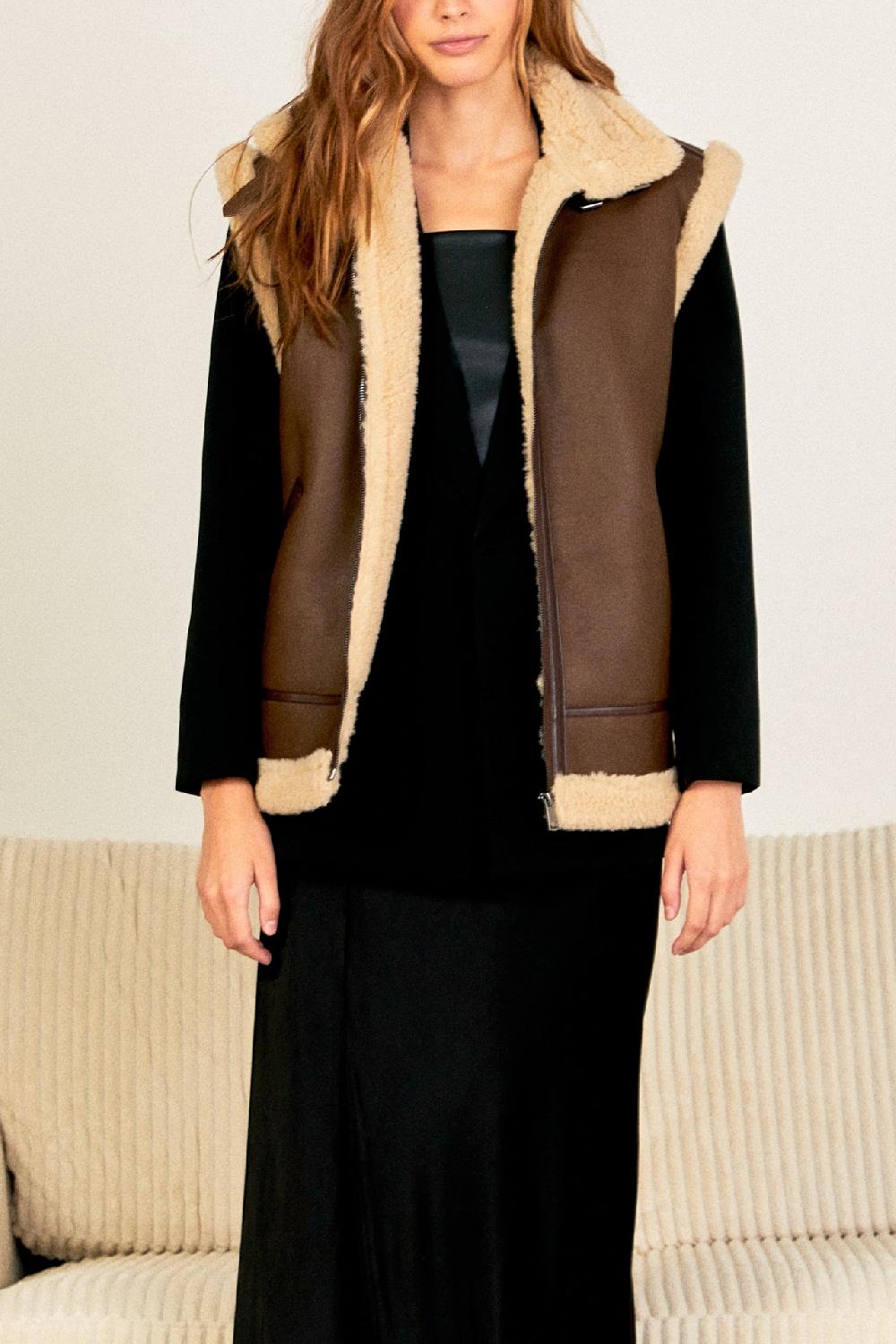 Endless Rose Sherpa Lined Faux Leather Vest CHOCOLATE BROWN