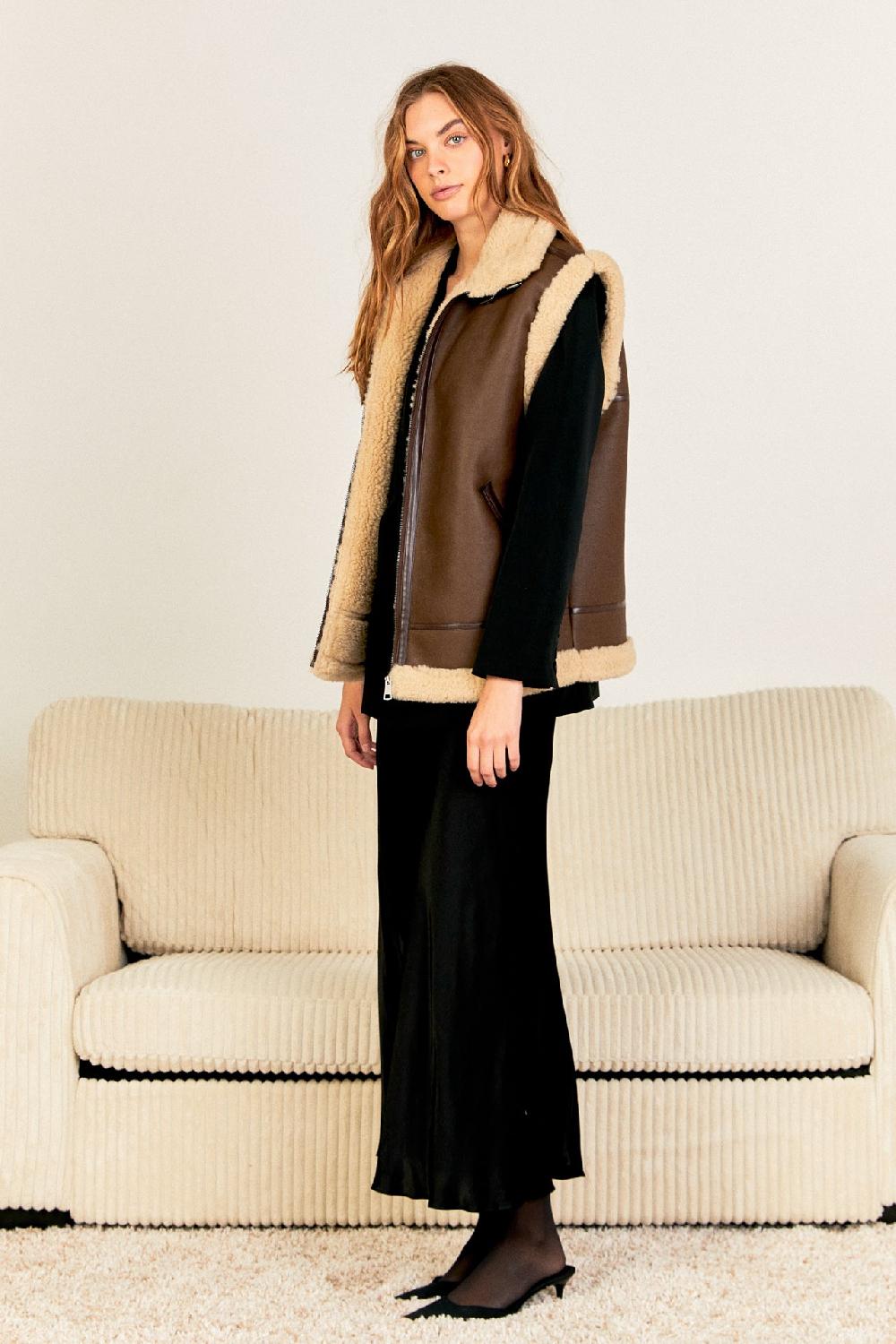 Endless Rose Sherpa Lined Faux Leather Vest CHOCOLATE BROWN