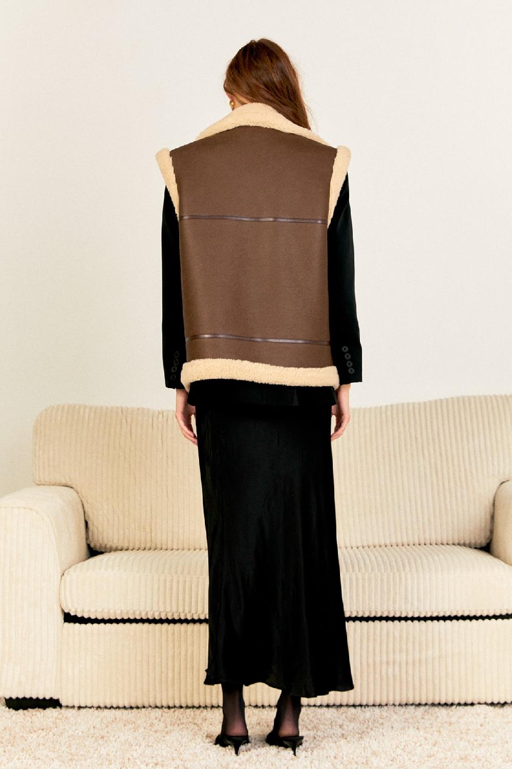 Endless Rose Sherpa Lined Faux Leather Vest CHOCOLATE BROWN