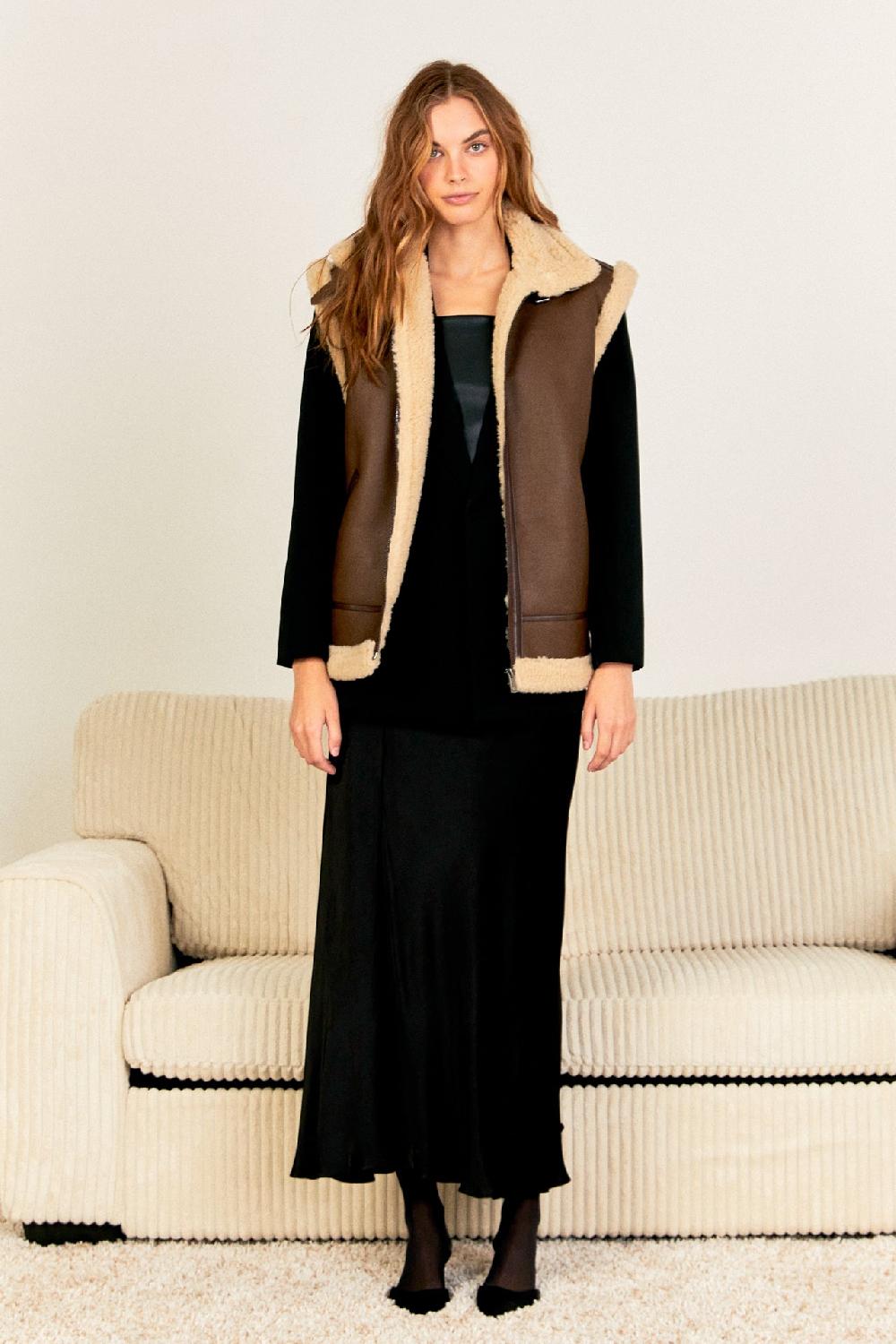 endless rose Sherpa Lined Faux Leather Vest CHOCOLATE BROWN