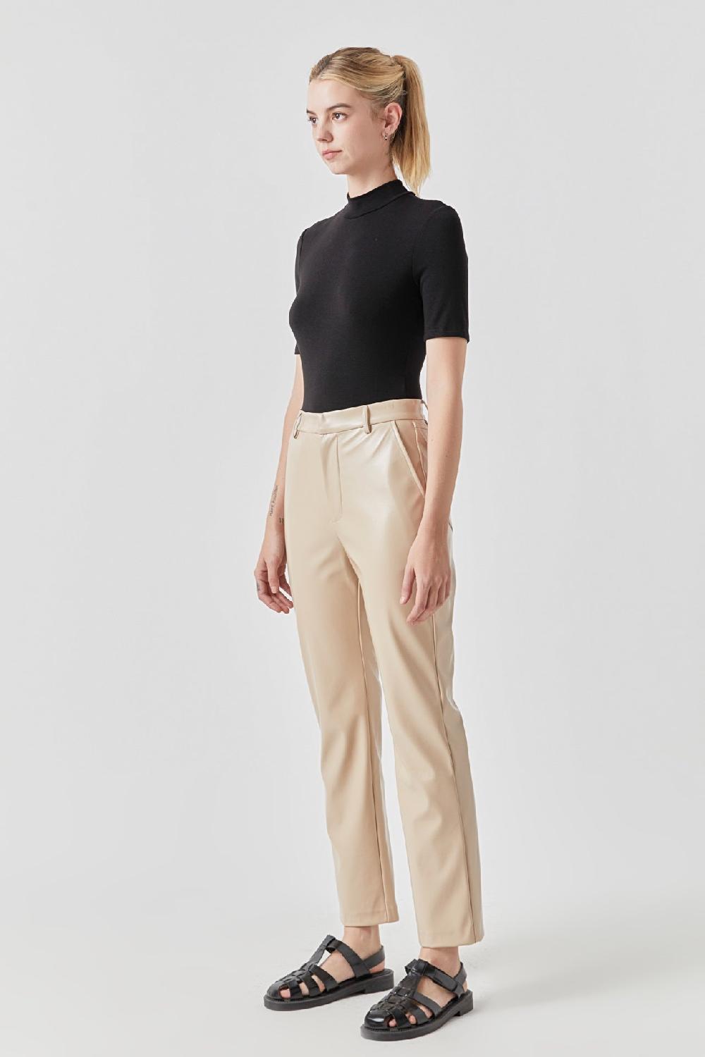 Endless Rose Shiny High-Waisted Faux Leather Pants BEIGE