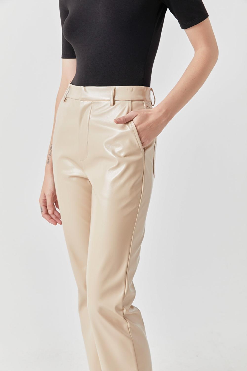 Endless Rose Shiny High-Waisted Faux Leather Pants BEIGE