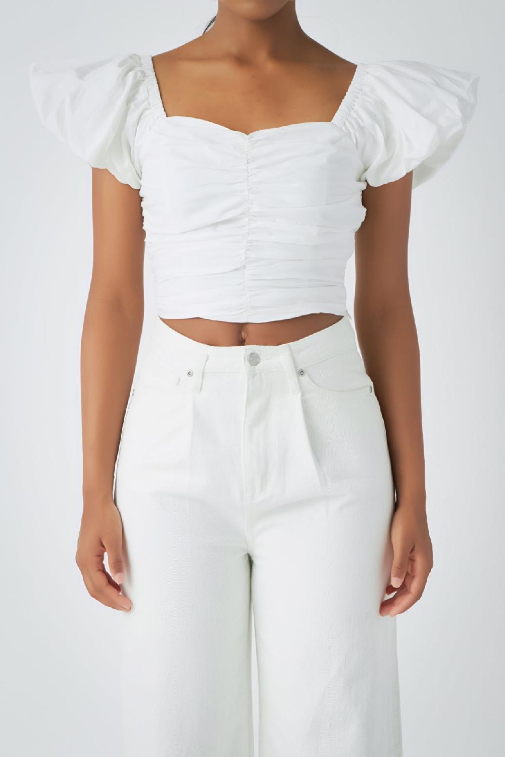 Endless Rose Shirring Detail Puff Sleeve Cropped Top WHITE