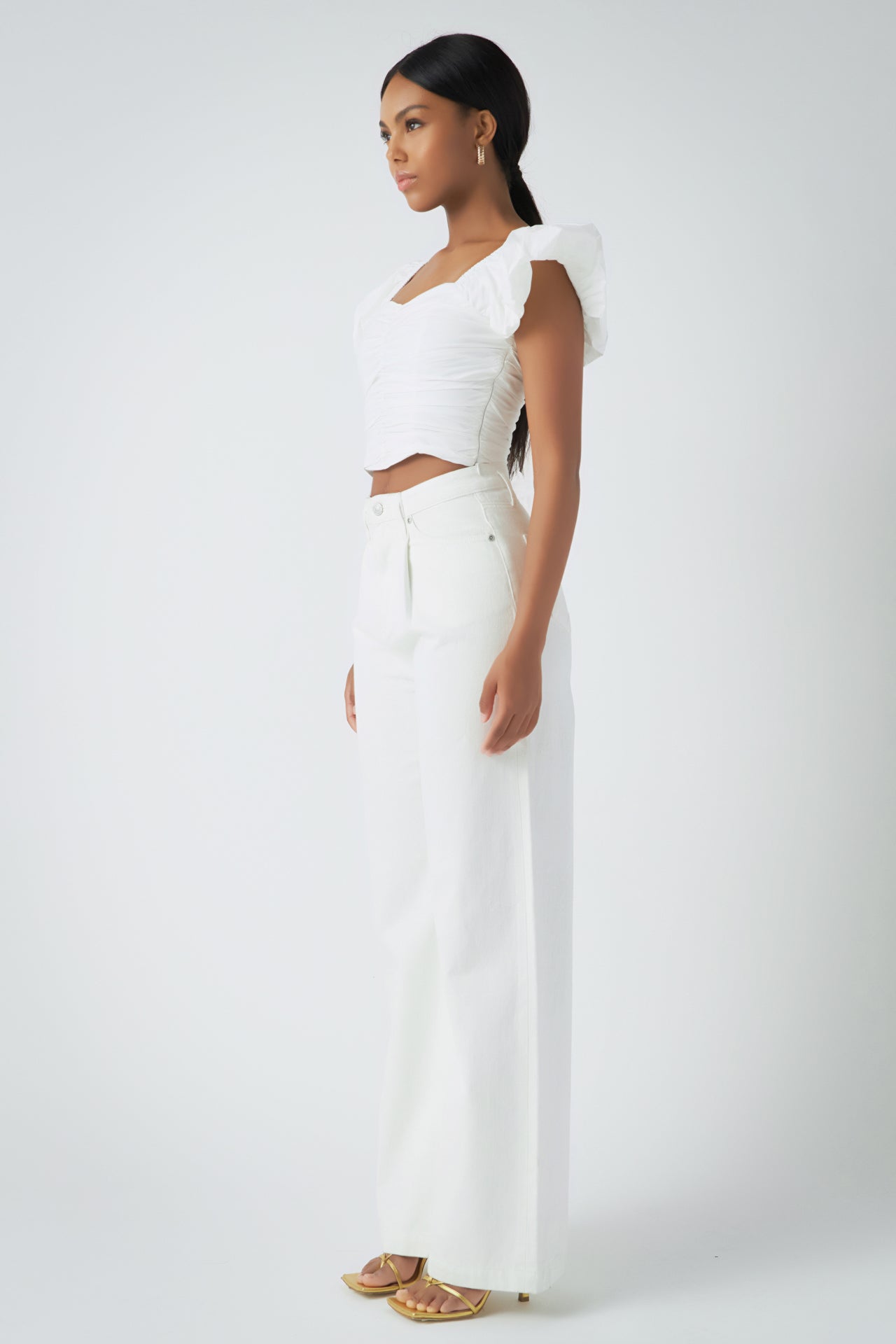 Endless Rose Shirring Detail Puff Sleeve Cropped Top WHITE