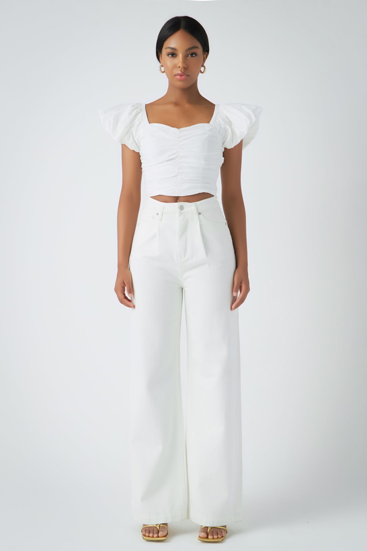 endless rose Shirring Detail Puff Sleeve Cropped Top WHITE