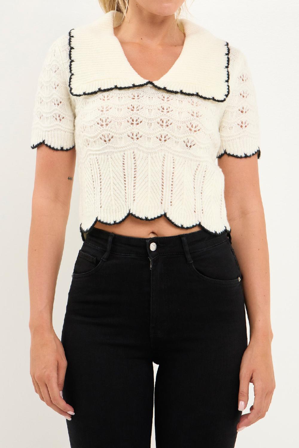 Endless Rose Short Puff Sleeve Scalloped Knit Top WHITE