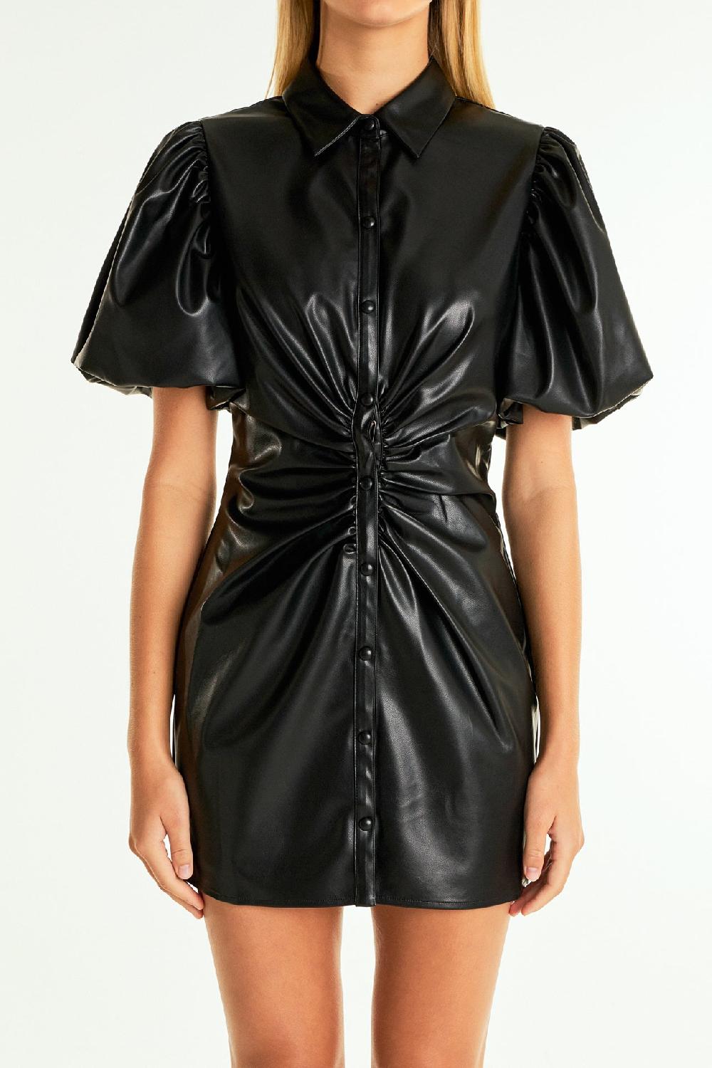 Endless Rose Short-Sleeve Faux Leather Mini Dress BLACK