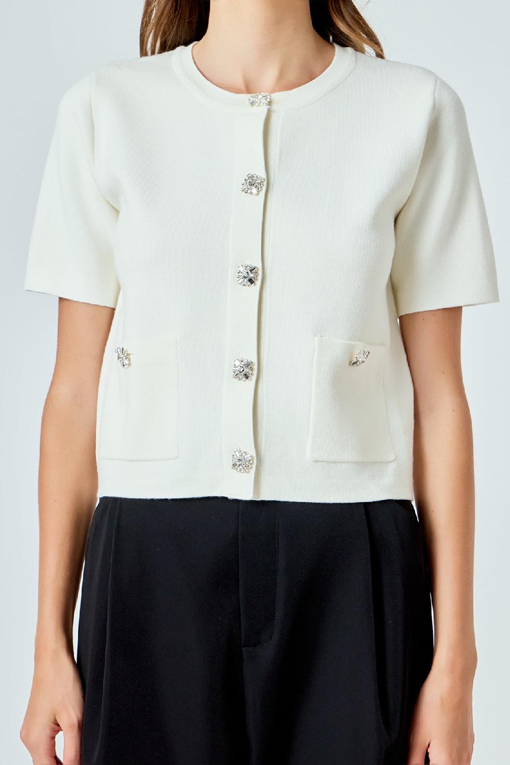 Endless Rose Short Sleeve Jewel Button-Up Cardigan CREAM