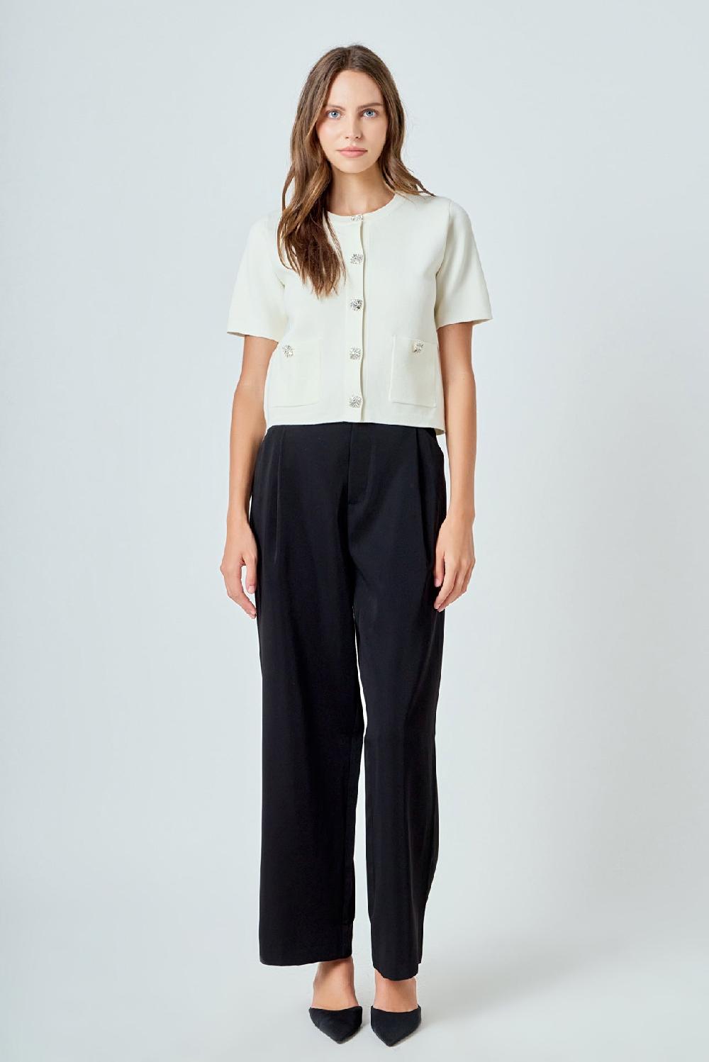 endless rose Short Sleeve Jewel Button-Up Cardigan CREAM