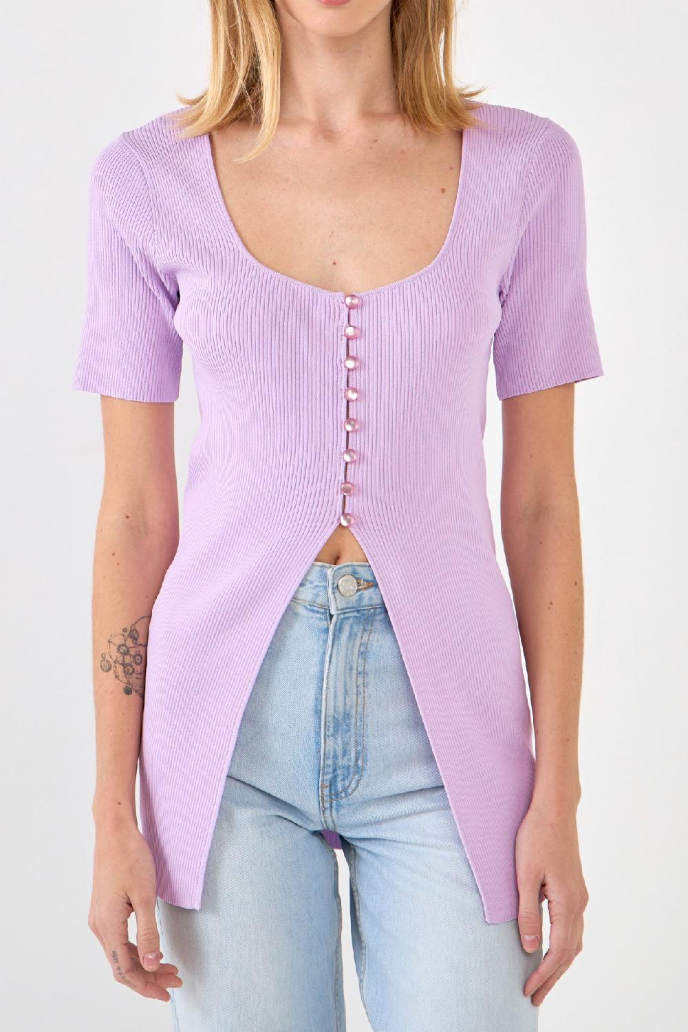 Endless Rose Short Sleeve Long Knit Button Up LAVENDER