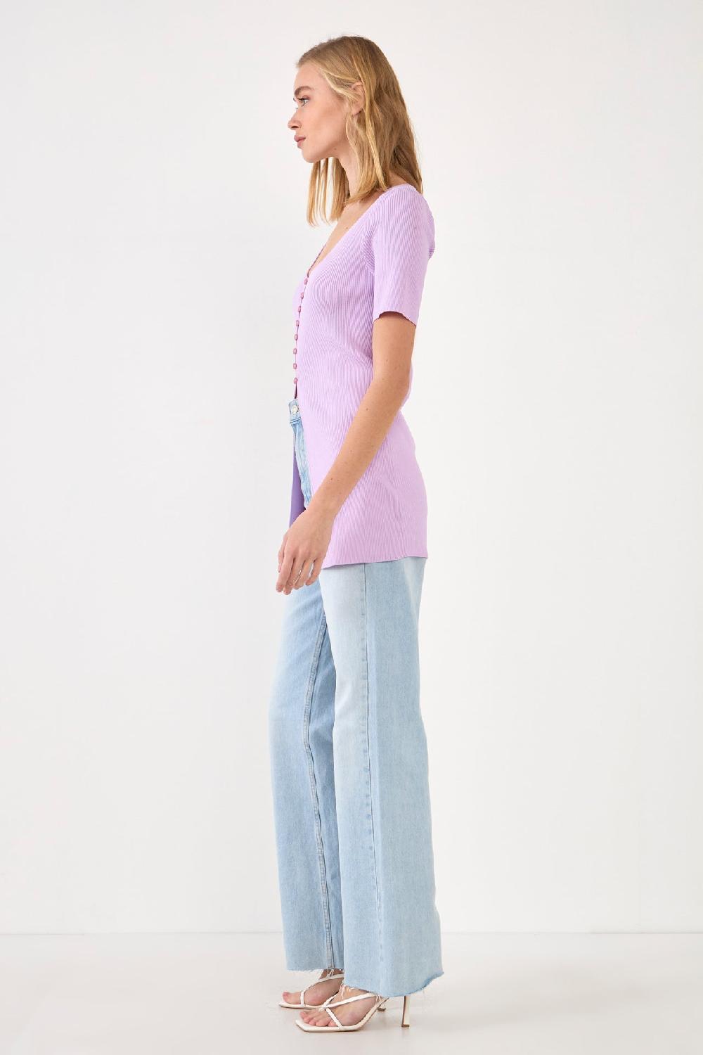 Endless Rose Short Sleeve Long Knit Button Up LAVENDER