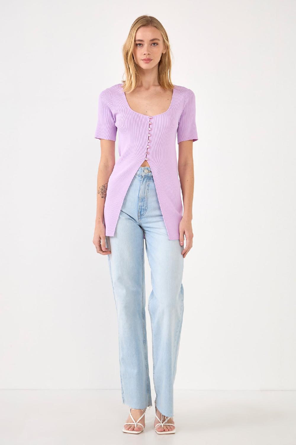 Endless Rose Short Sleeve Long Knit Button Up LAVENDER