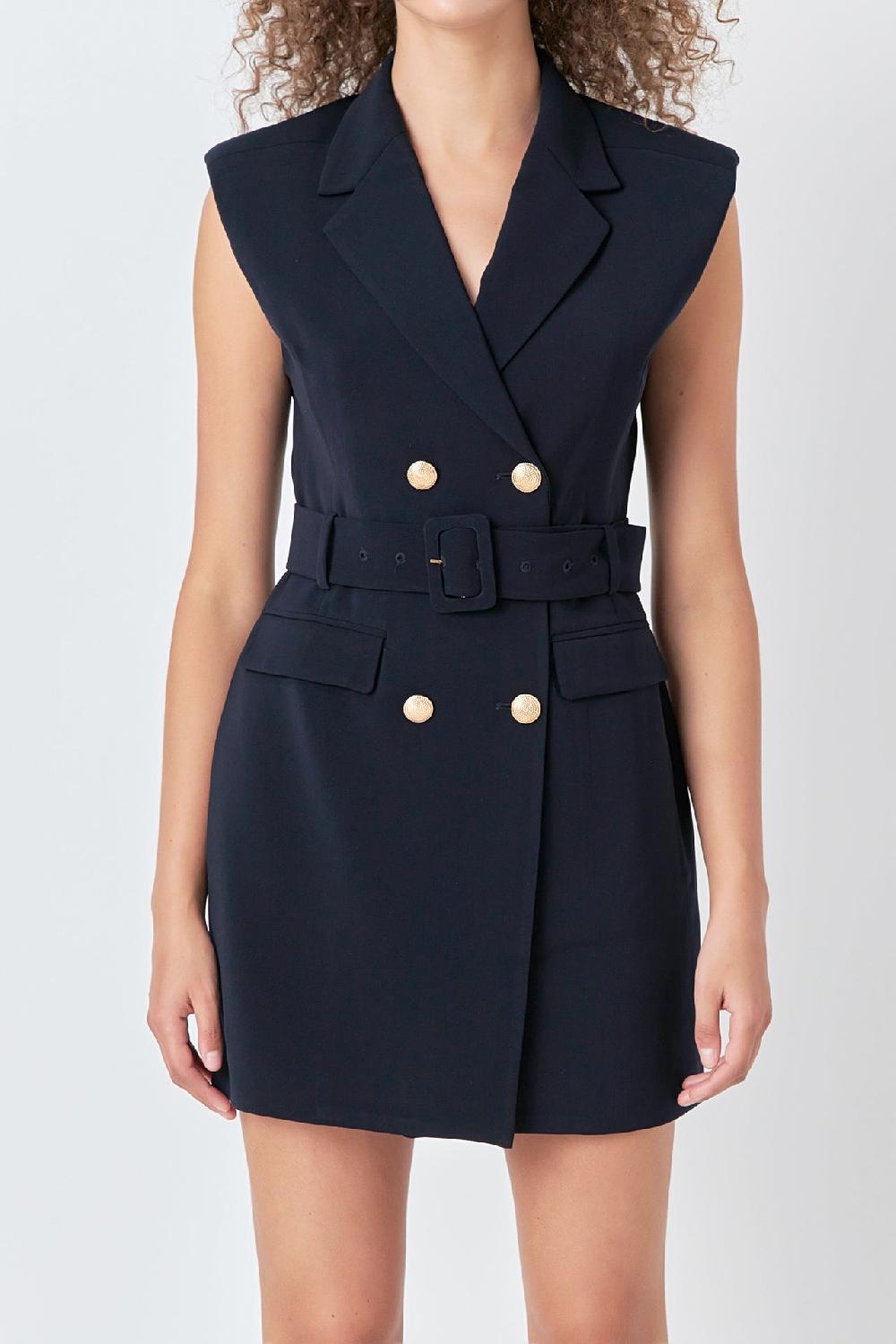 Endless Rose Shoulder Pad Double Breast Mini Dress NAVY