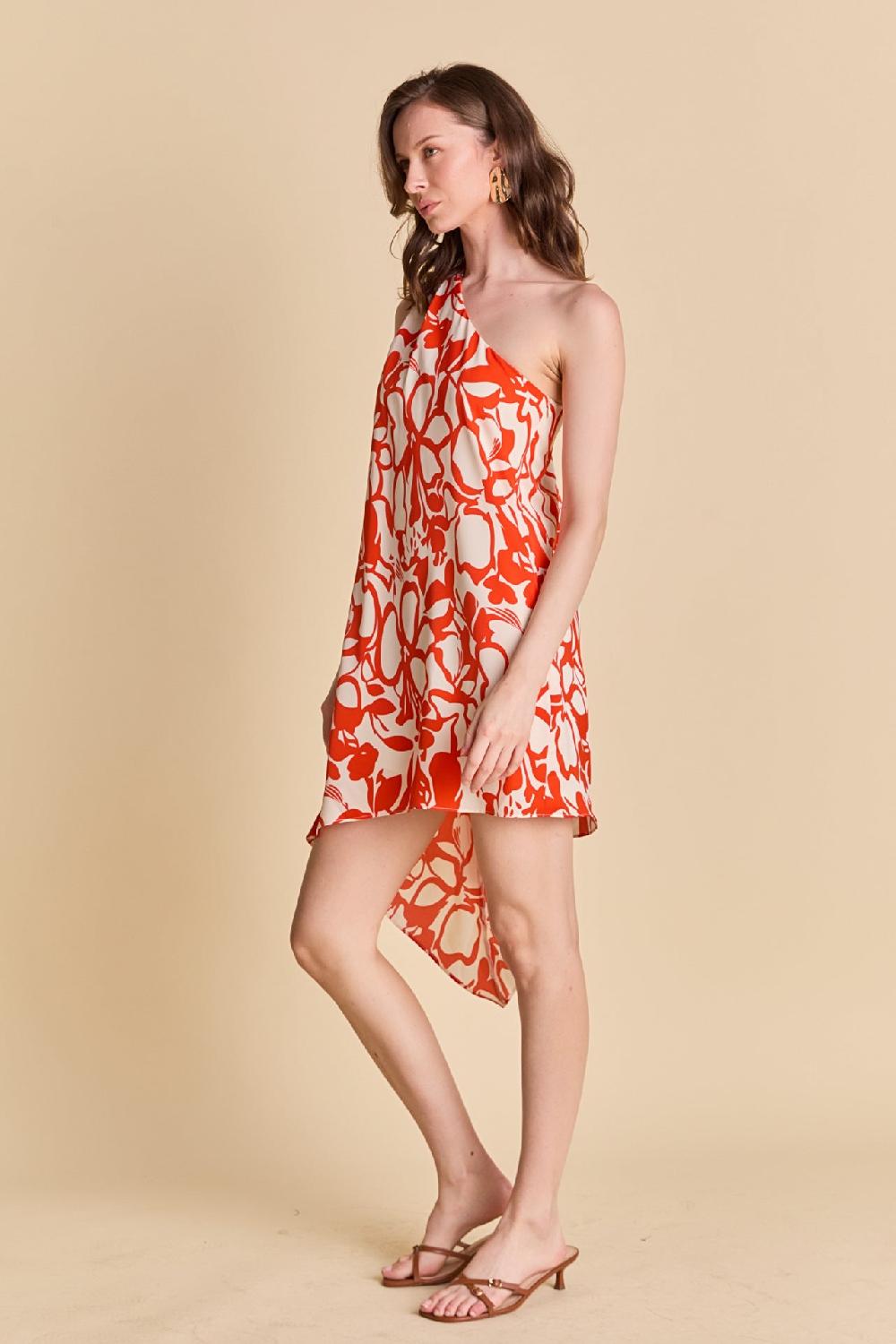 Endless Rose Shoulder Pintucked Asymmetrical Mini Dress ORANGE