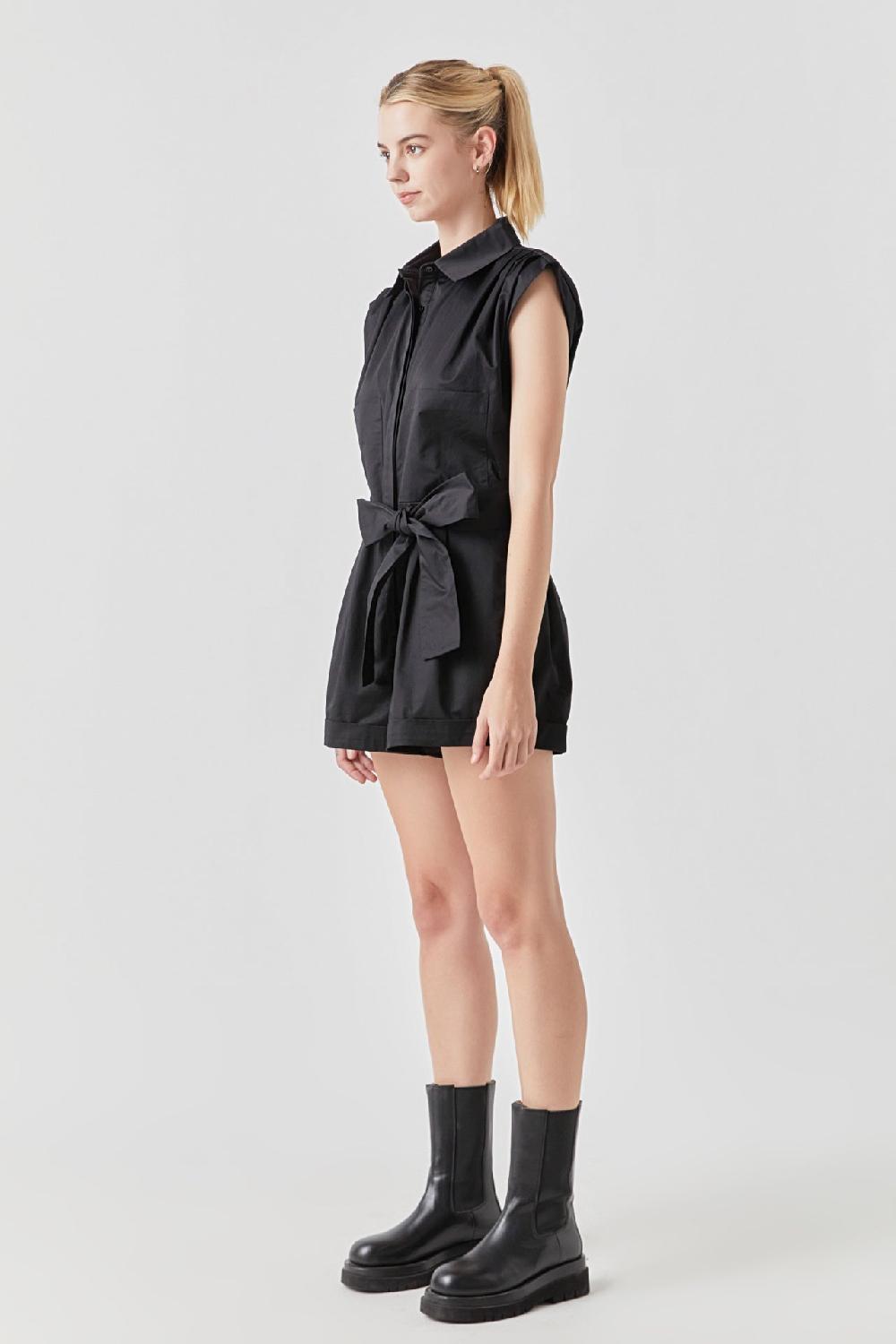 Endless Rose Shoulder Pleated Collared Romper BLACK