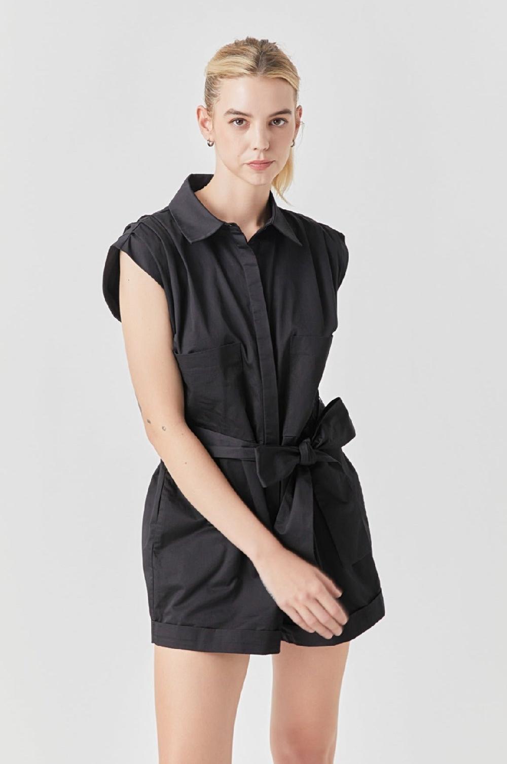 Endless Rose Shoulder Pleated Collared Romper BLACK