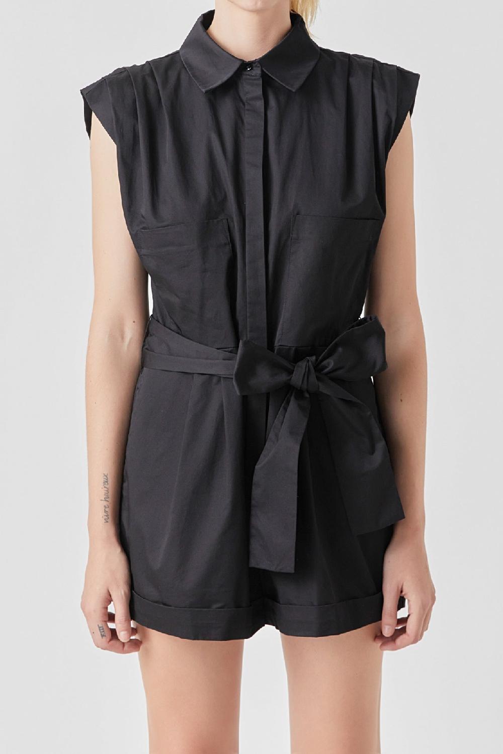 Endless Rose Shoulder Pleated Collared Romper BLACK