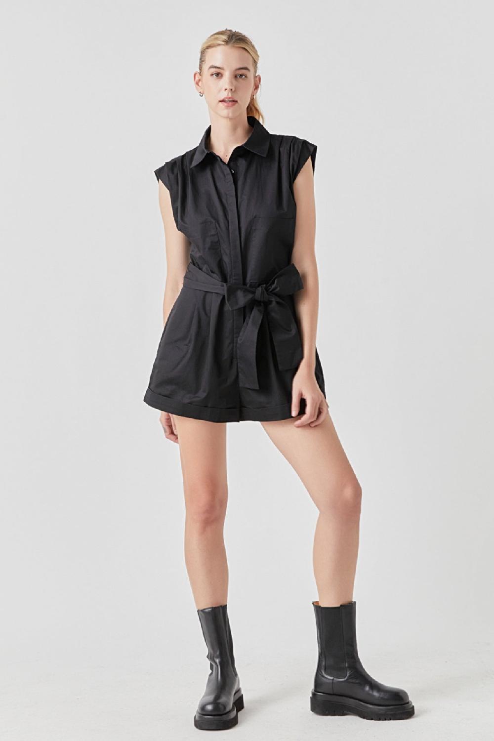 endless rose Shoulder Pleated Collared Romper BLACK